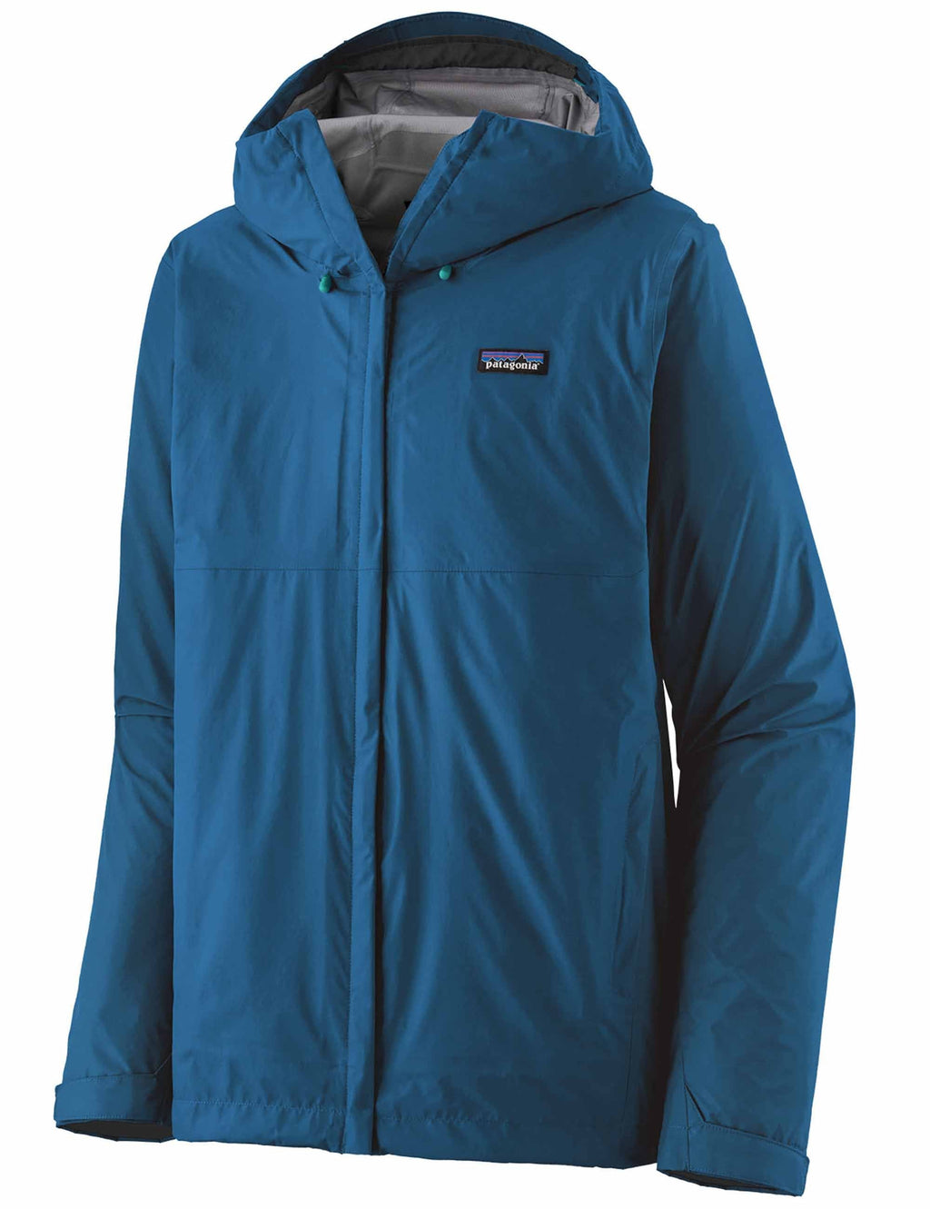 Blue rain jacket with hood, full zip, and Patagonia logo on the chest
