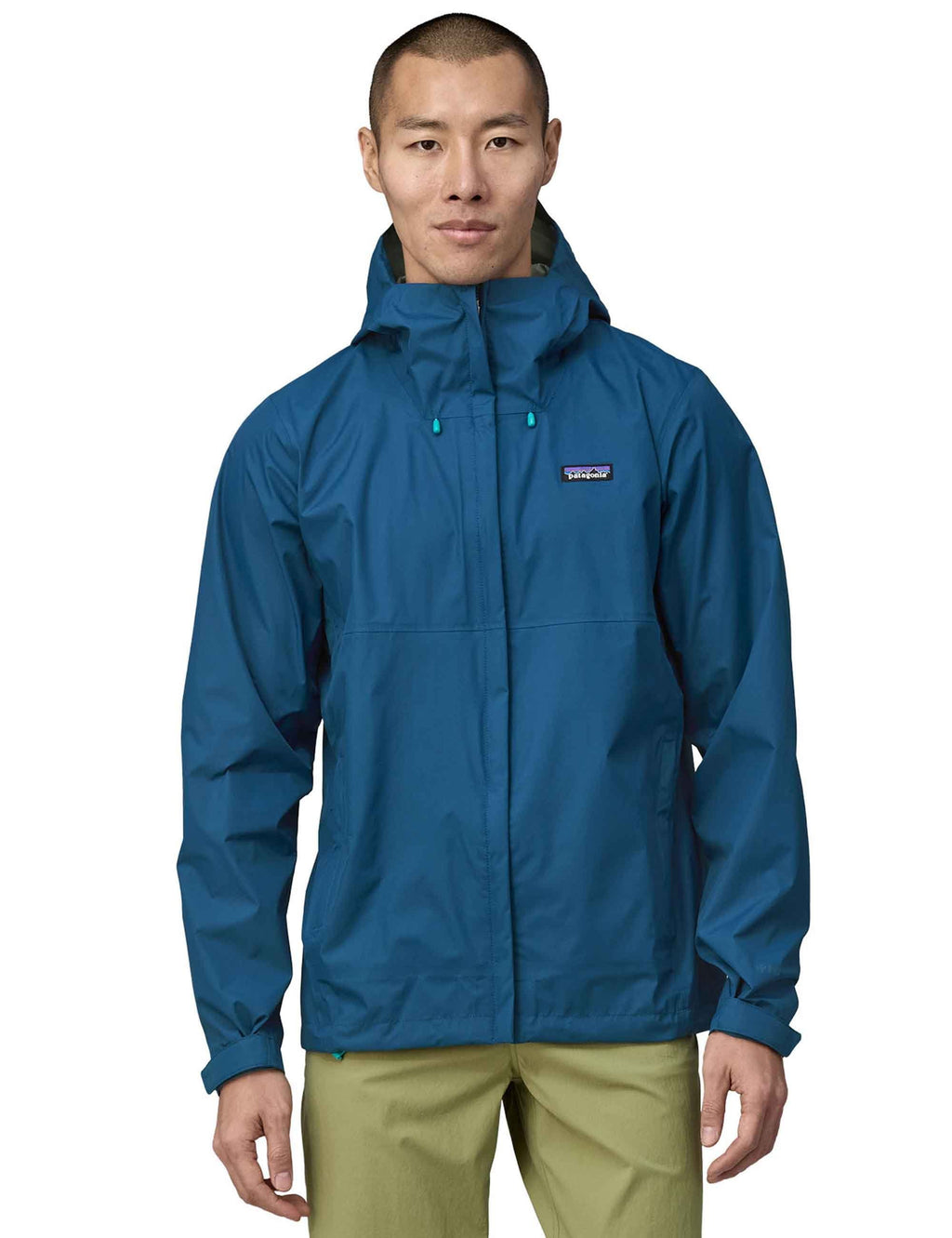 Blue rain jacket with adjustable hood and full front zip, Patagonia logo chest