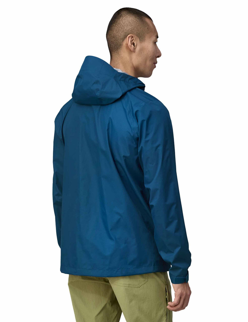 Blue rain jacket with hood and full zip, side view showing sleeves