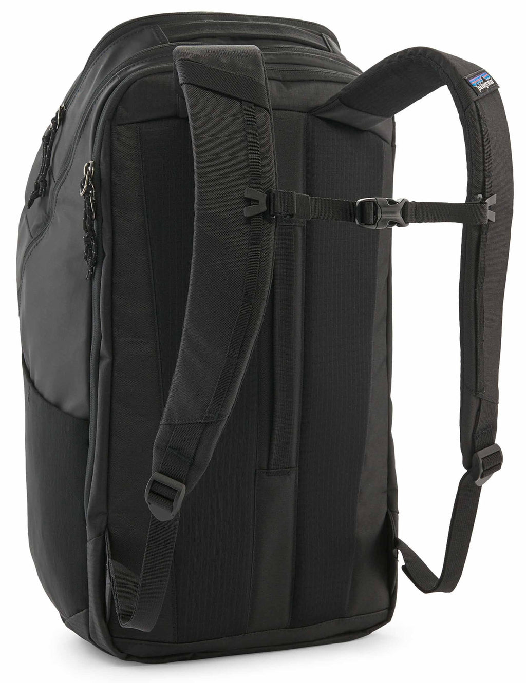 Black 32L backpack with front access panel and padded shoulder strap