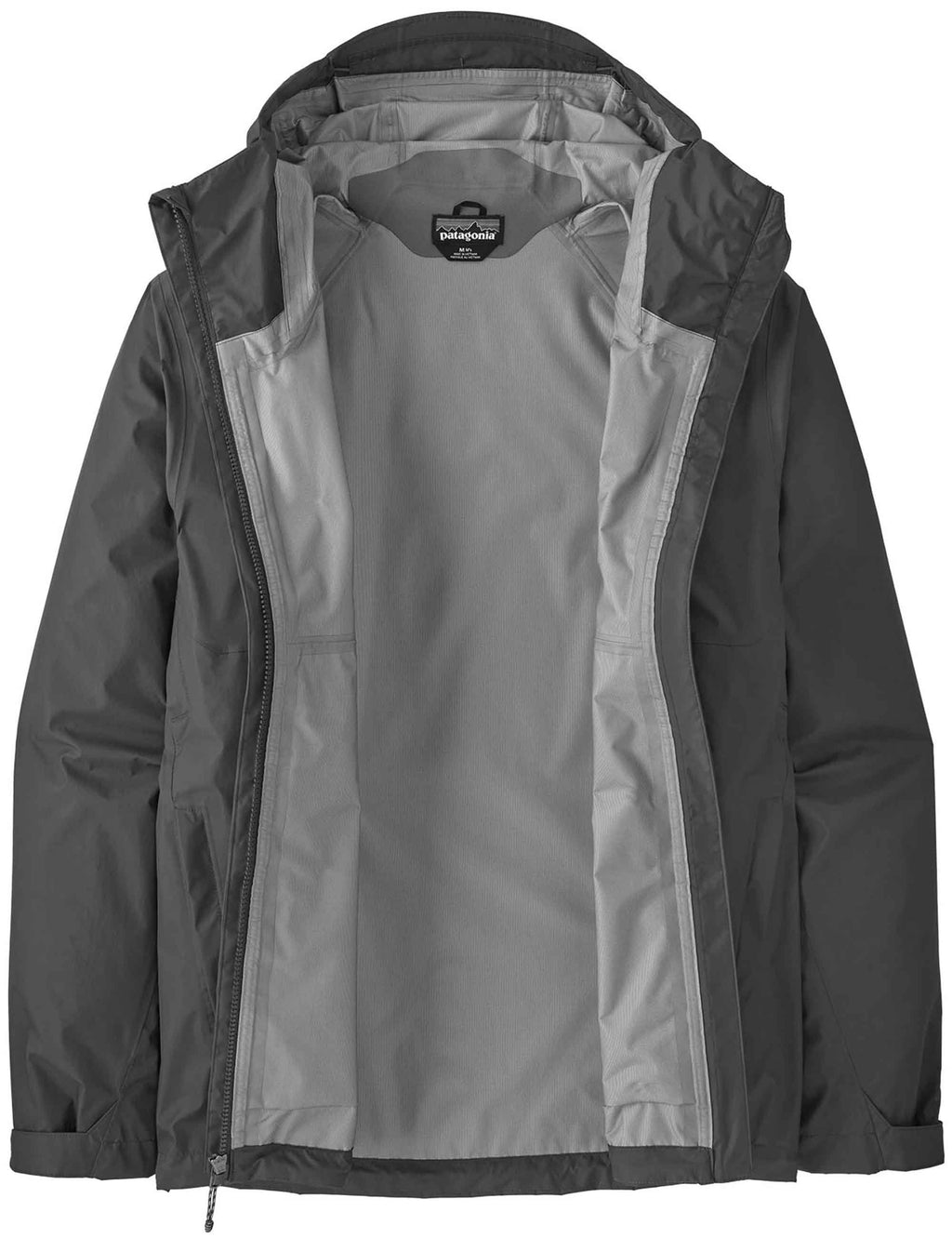 Rain jacket shell with hood and front zip, gray inner lining and black exterior