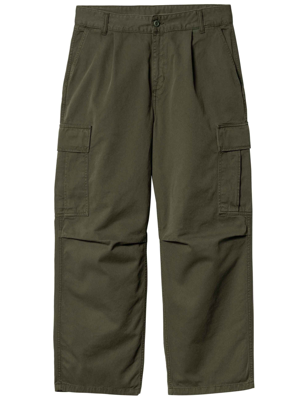 Office green cargo pants with belt loops, button fly, and side cargo pockets