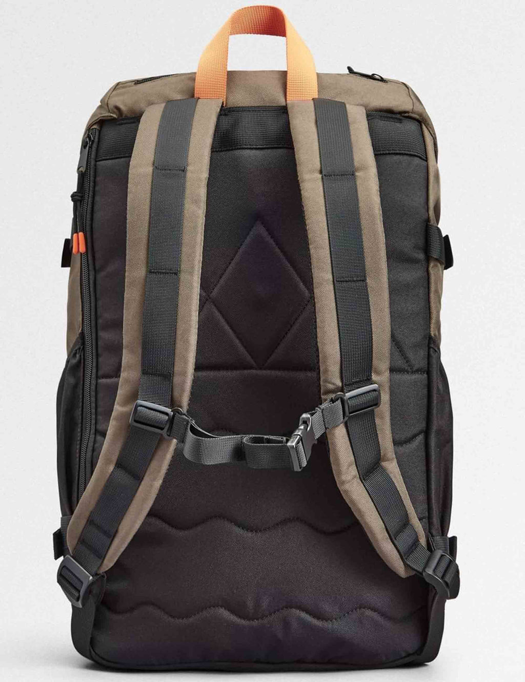 Recycled backpack with padded back panel, khaki and black fabric, and adjustable shoulder straps