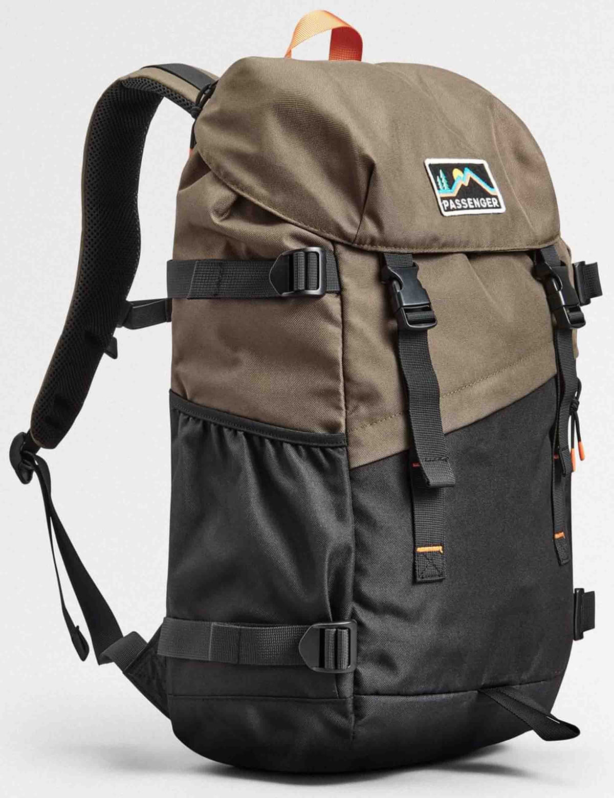 Recycled backpack side view with khaki body, black base, padded straps, and front logo patch