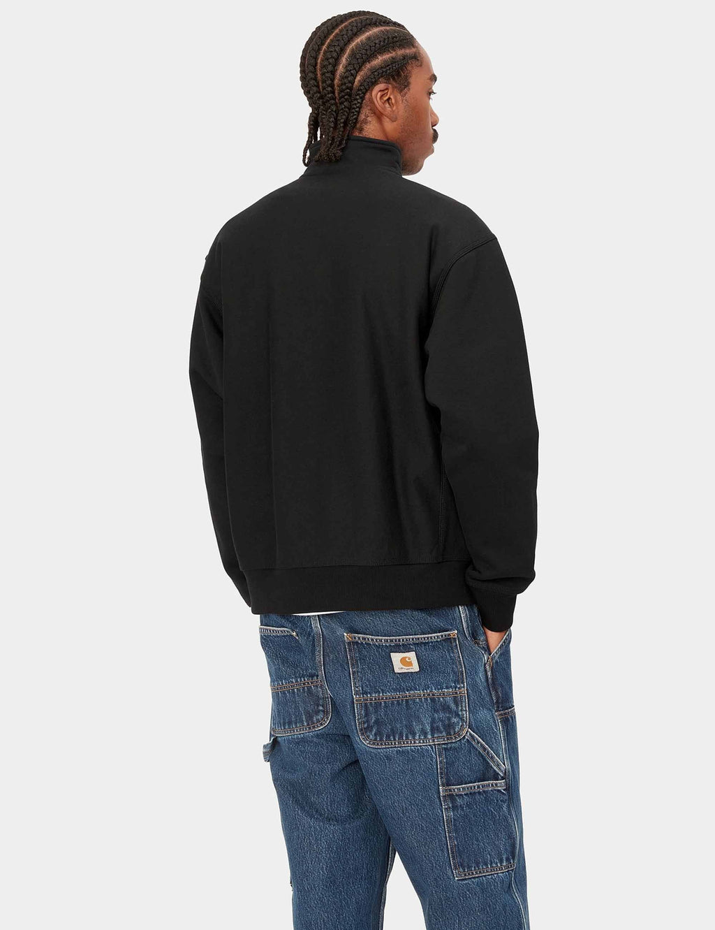 Black half-zip sweatshirt back view with high collar and seam details