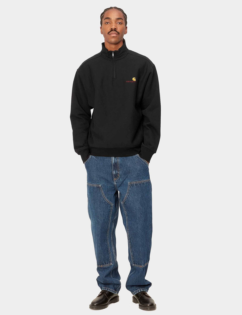 Black half-zip sweatshirt with chest logo and ribbed cuffs
