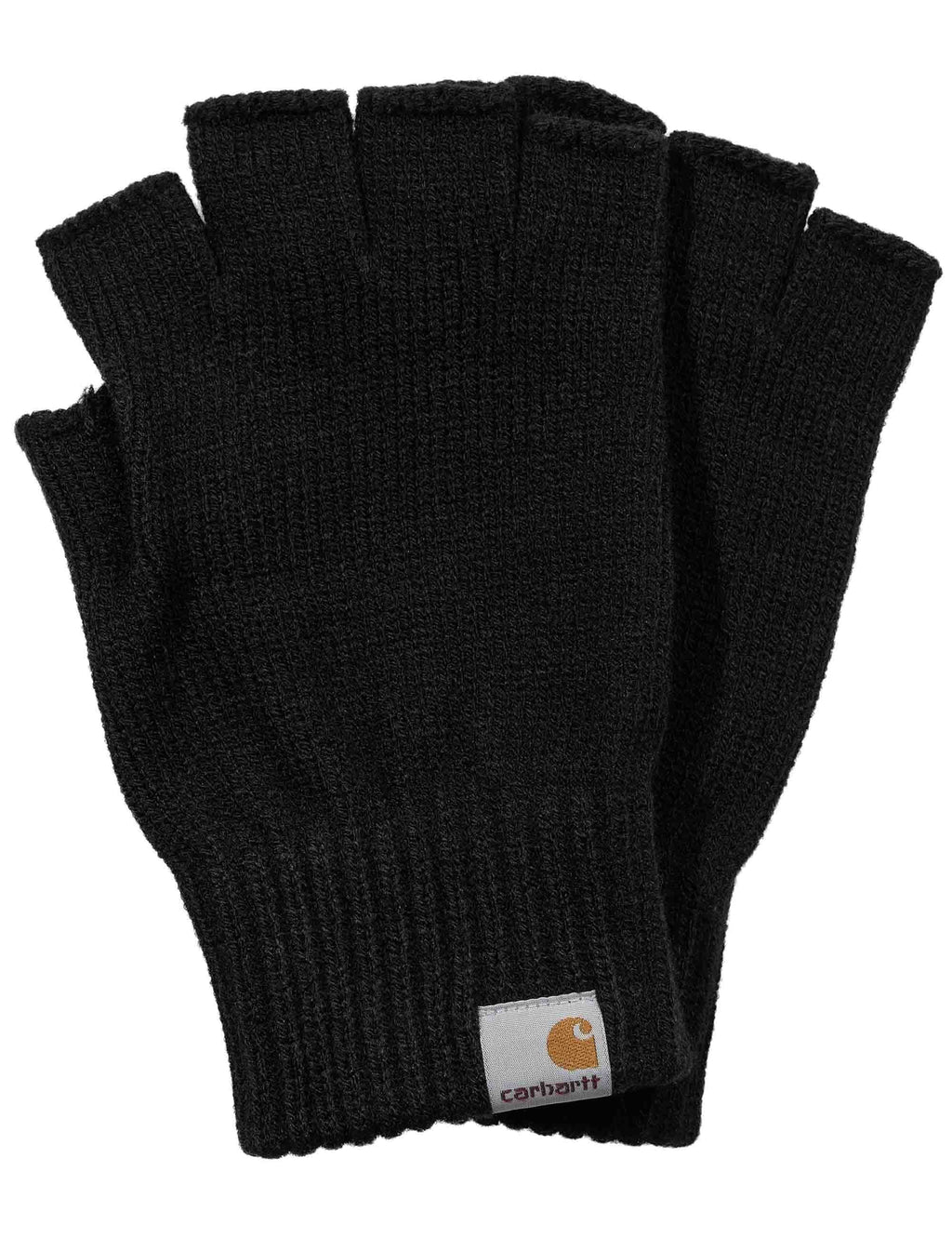 Black knit mittens with ribbed cuffs and woven logo patch