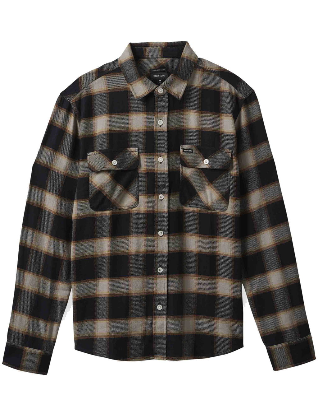 Black and cream plaid flannel shirt with snap buttons and two chest pockets.