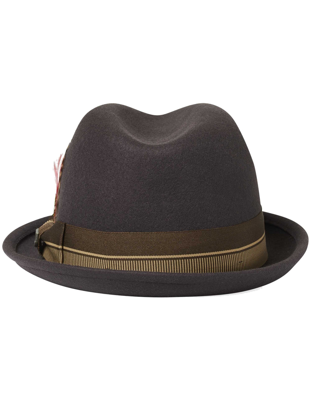 Chocolate fedora hat with gold band and side feather detail