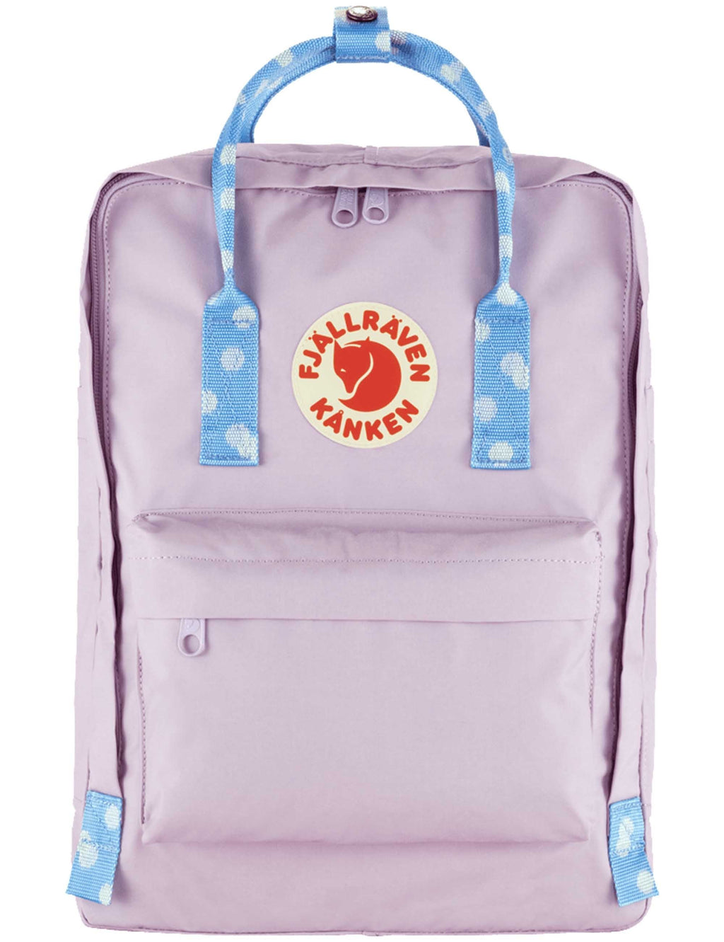 Lavender Fjällräven Kånken Classic backpack with blue top handles and front pocket