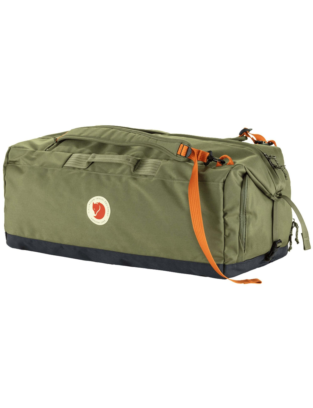 Olive green duffel bag with front zip pocket and orange carry strap