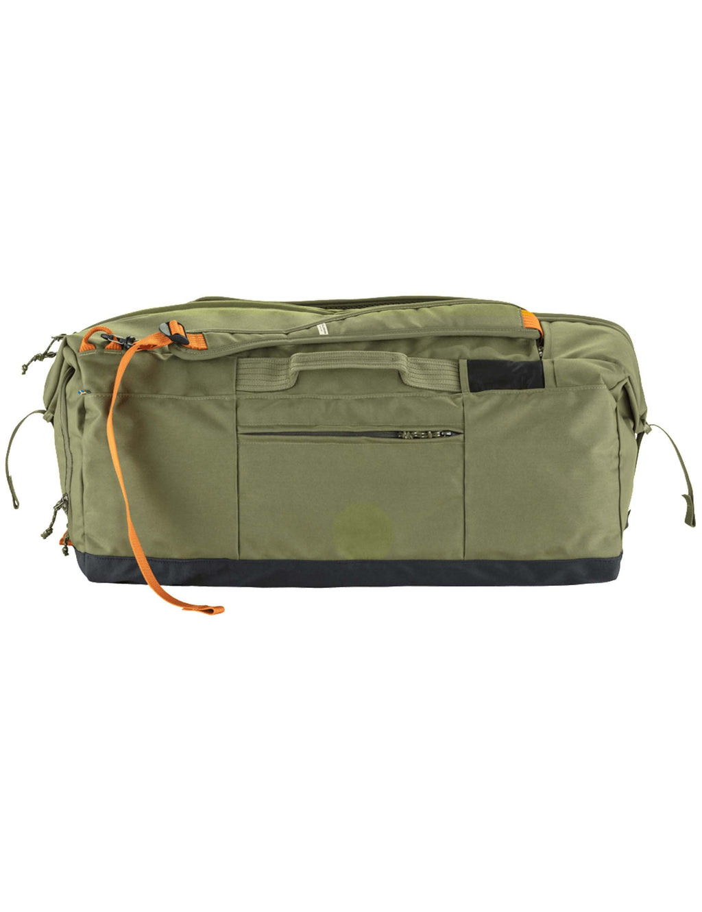 Olive green duffel bag with top handle, side zip pocket, and orange strap