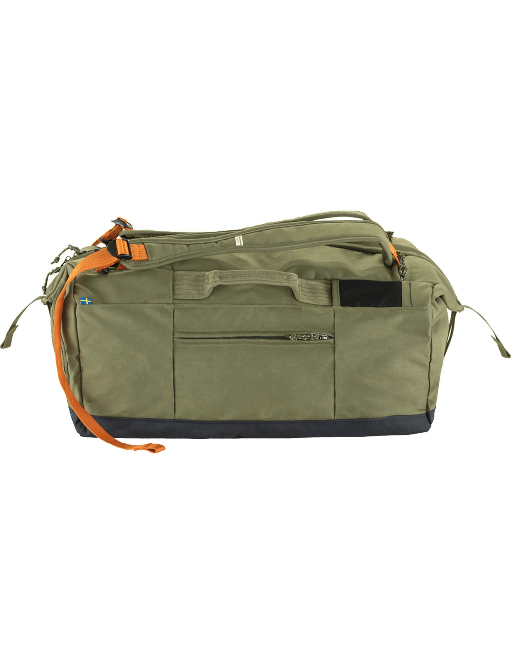 Green duffel bag with wide front compartments, orange handles, side straps.