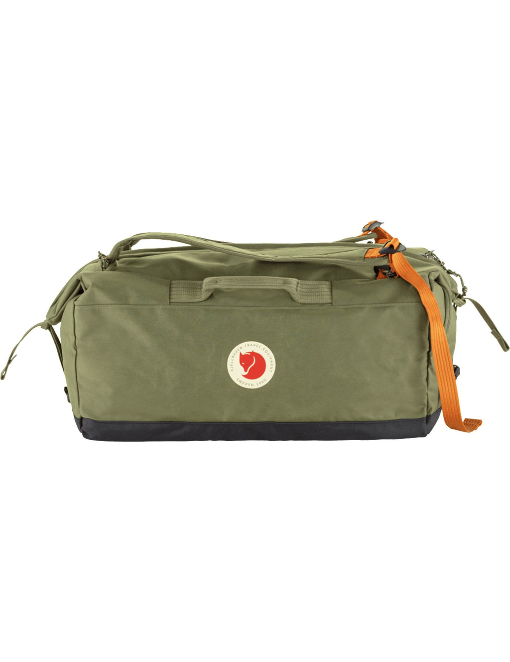 Green duffel bag with logo patch, orange webbing strap, top carry handles.