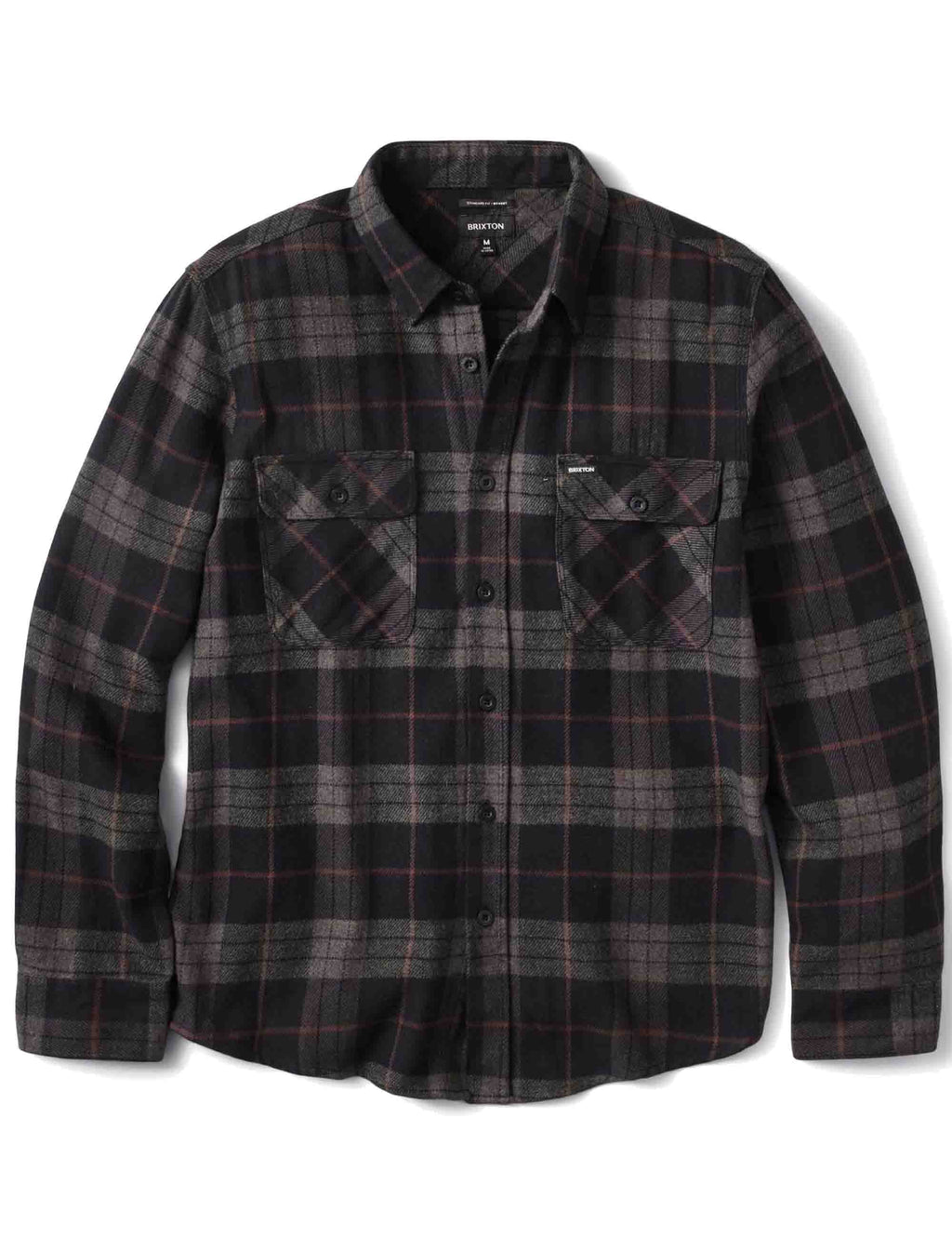 Flannel button-up shirt in dark plaid with chest pockets and button front