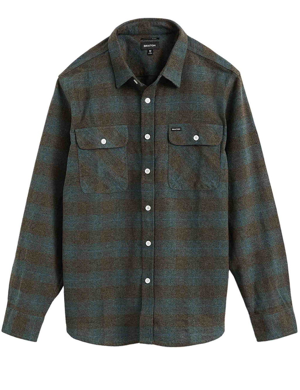 Ocean plaid flannel button-up shirt with two chest pockets and white buttons