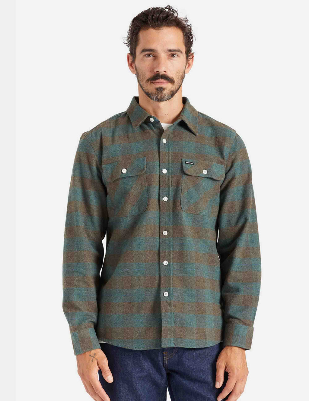 Ocean plaid flannel button-up shirt with stand collar and two chest pockets