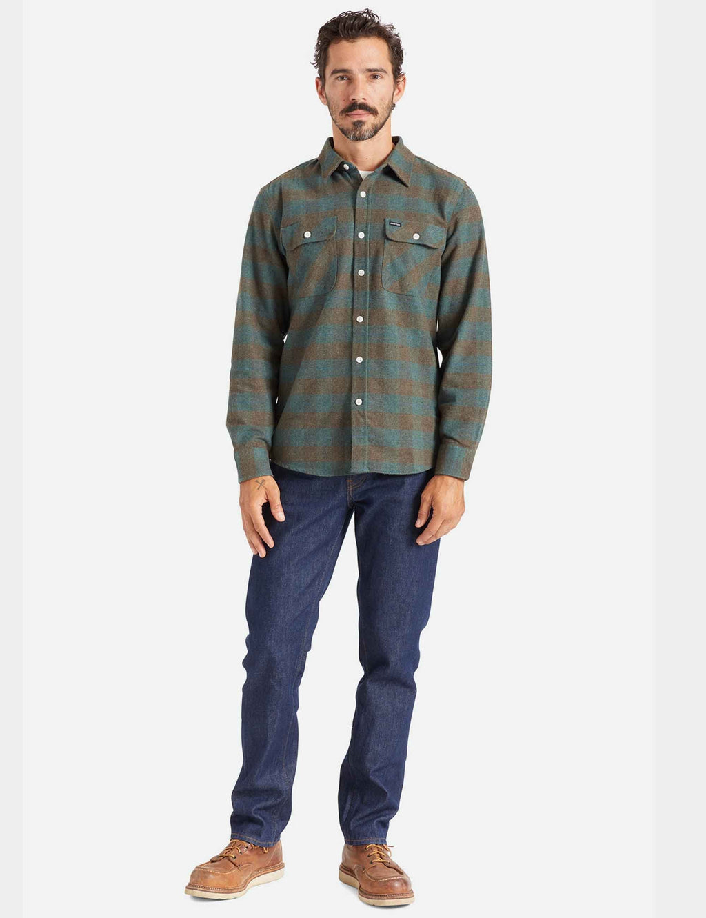 Ocean plaid flannel button-up shirt with long sleeves and two chest pockets