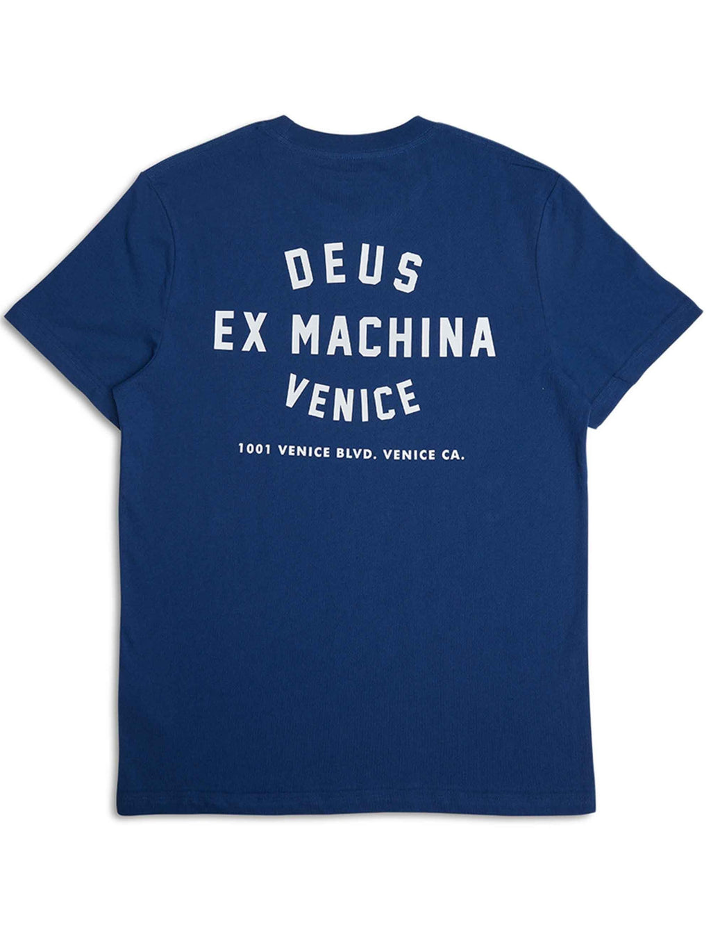 Blue crewneck T-shirt with large 'DEUS EX MACHINA VENICE' front graphic