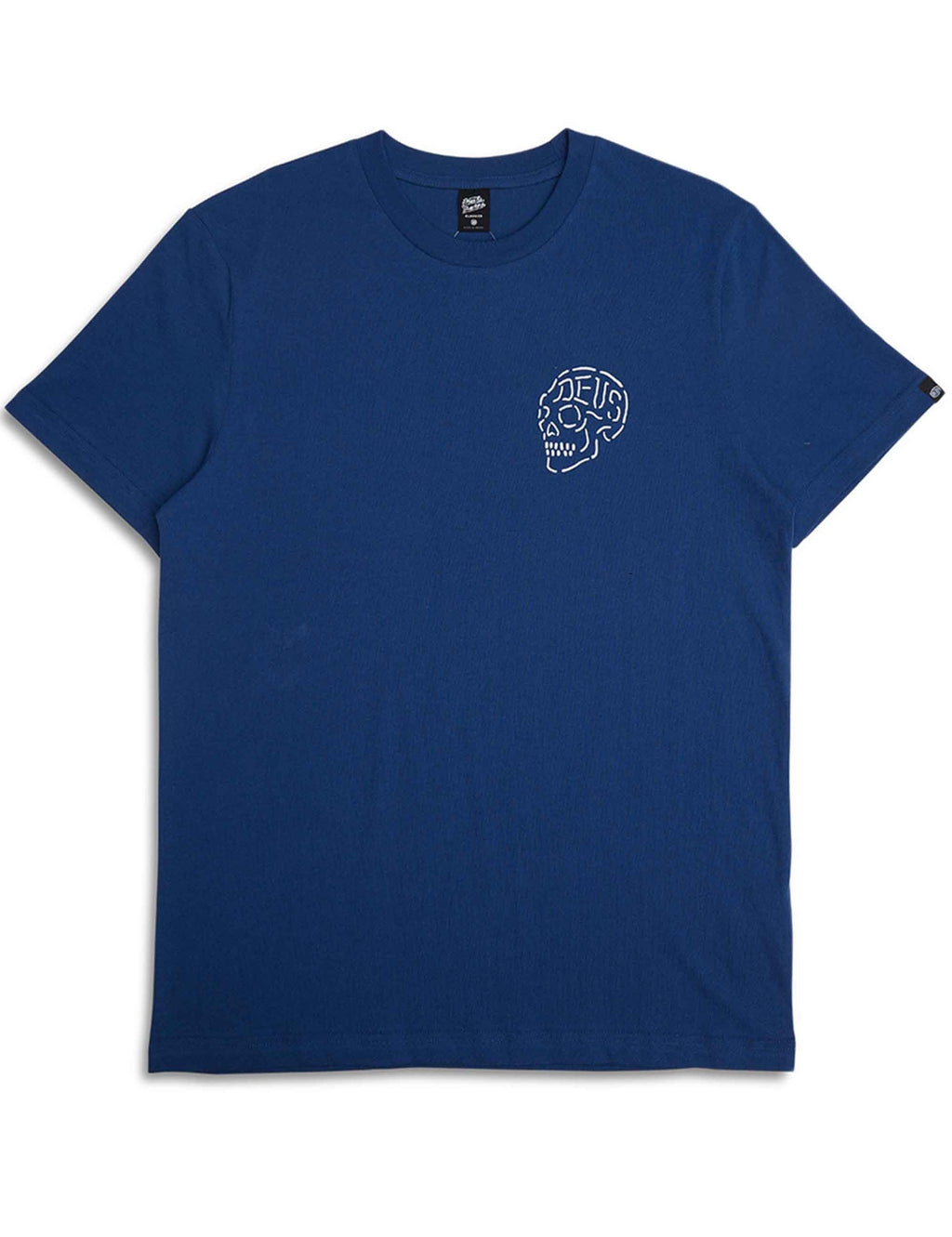 Blue crewneck T-shirt with small skull emblem on the chest