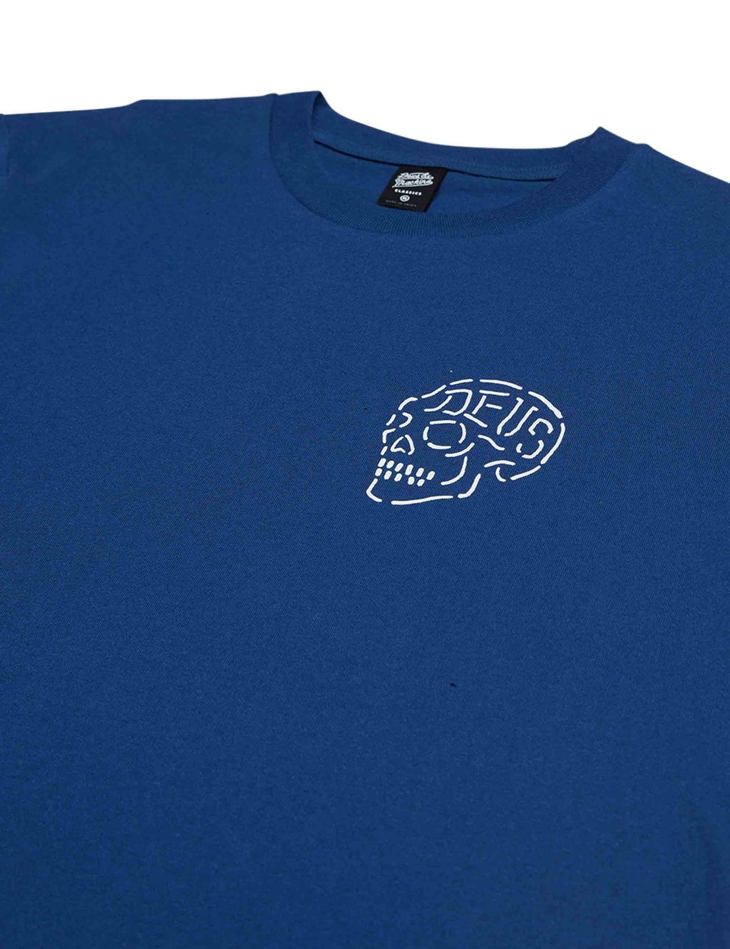 Blue crewneck T-shirt with small skull outline graphic on the chest