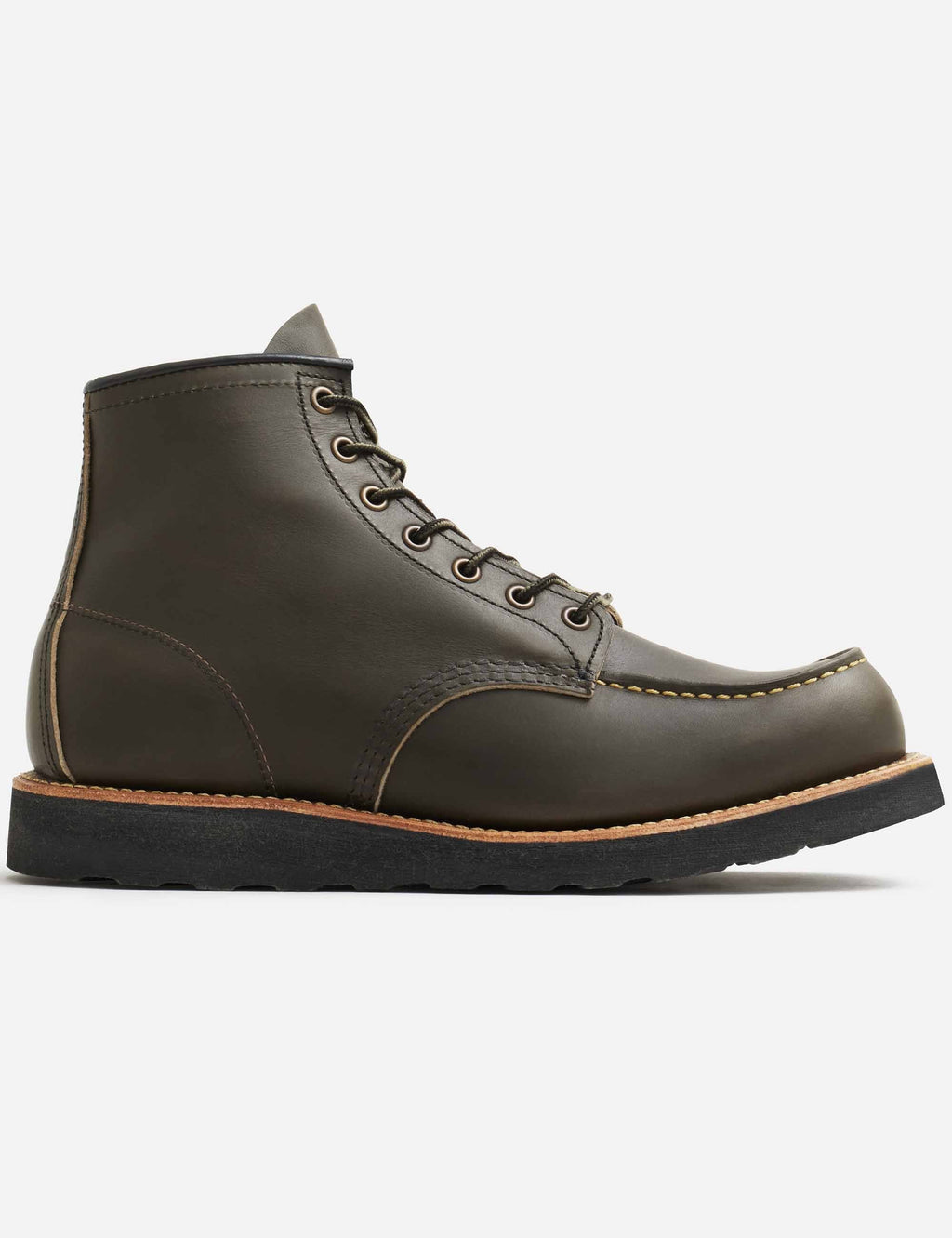 Dark olive leather lace-up moc-toe boot with thick sole and tan stitching