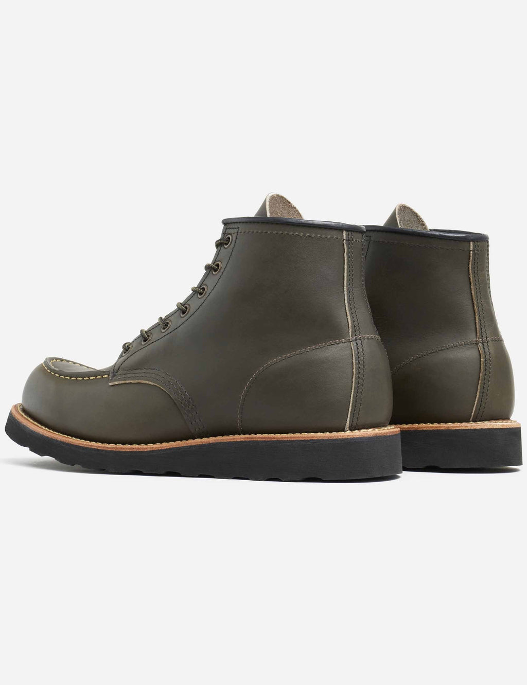Dark olive leather ankle boot with lace-up top, side and heel profile