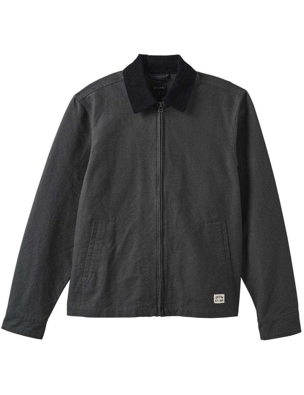 Black mechanic zip jacket with dark stand collar and full-length front zipper