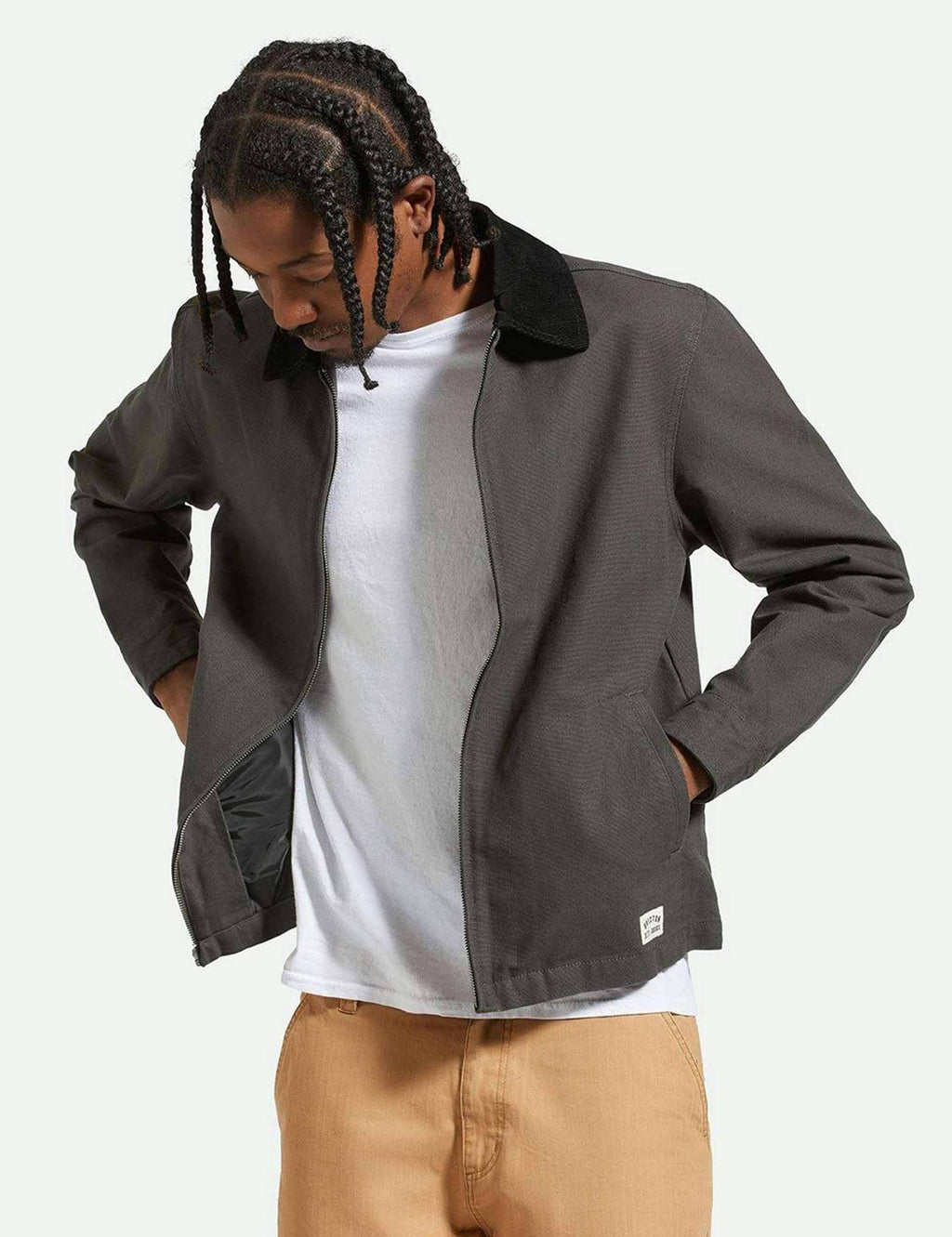 Black mechanic zip jacket with open stand collar and side flap pocket detail
