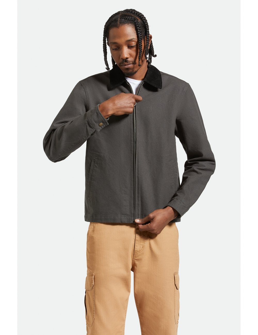 Black mechanic zip jacket with stand collar and centered front zipper, long sleeves