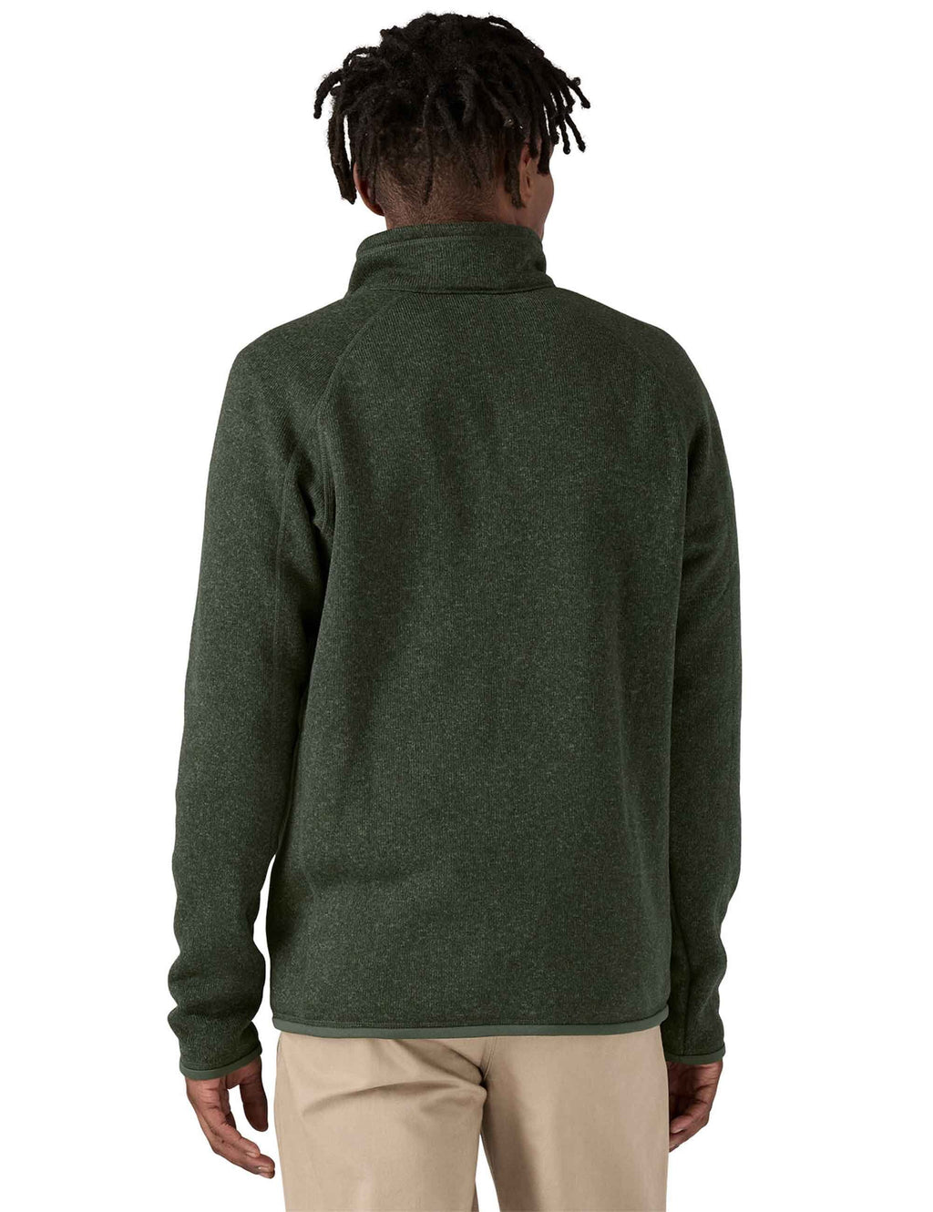 Better Sweater fleece jacket back view, dark green full-zip fleece with stand collar