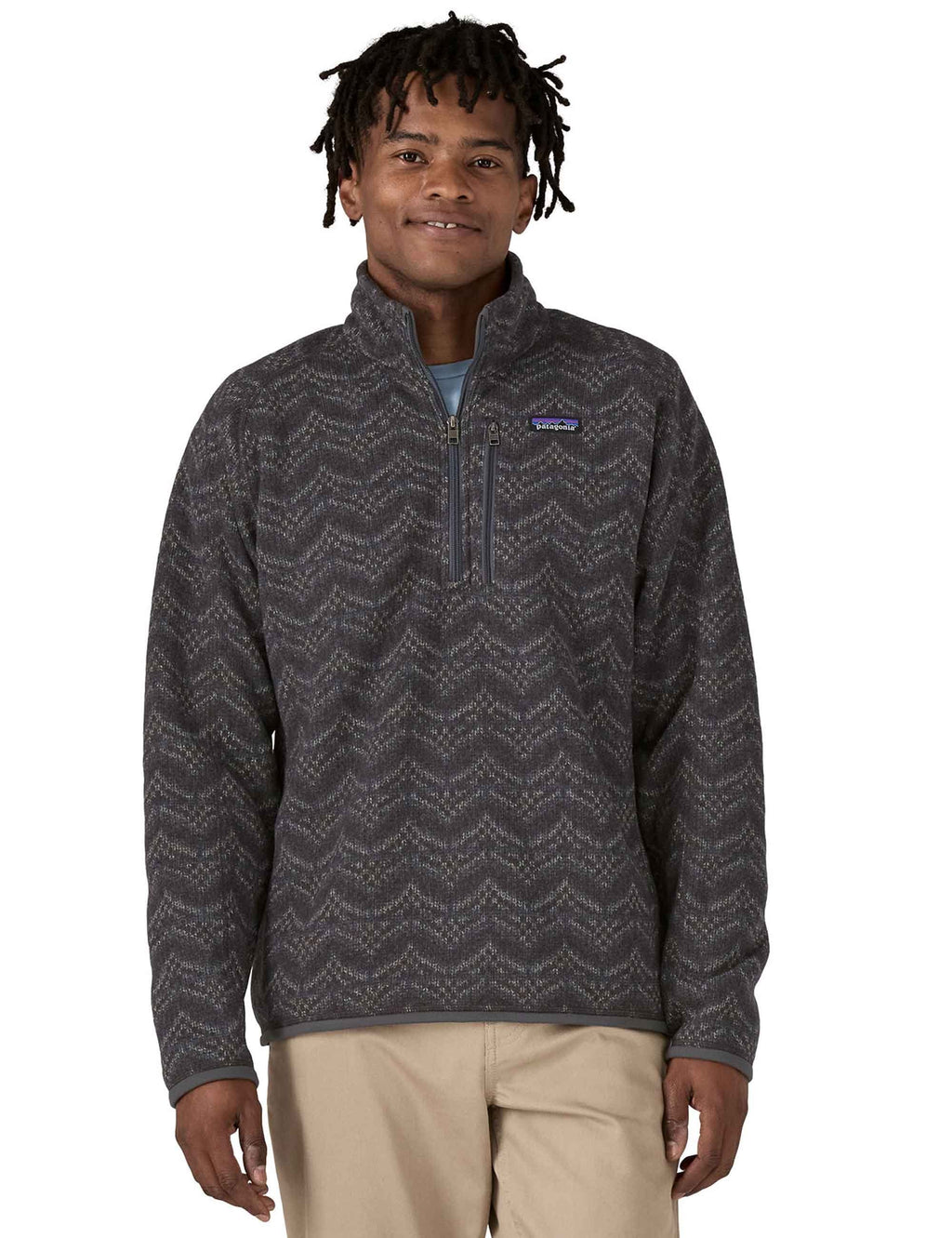 Dark grey chevron fleece pullover with quarter-zip and small chest logo