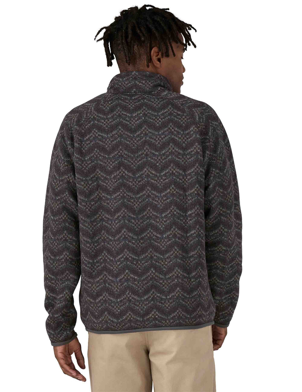 Back view dark grey chevron fleece pullover with quarter-zip and stand collar