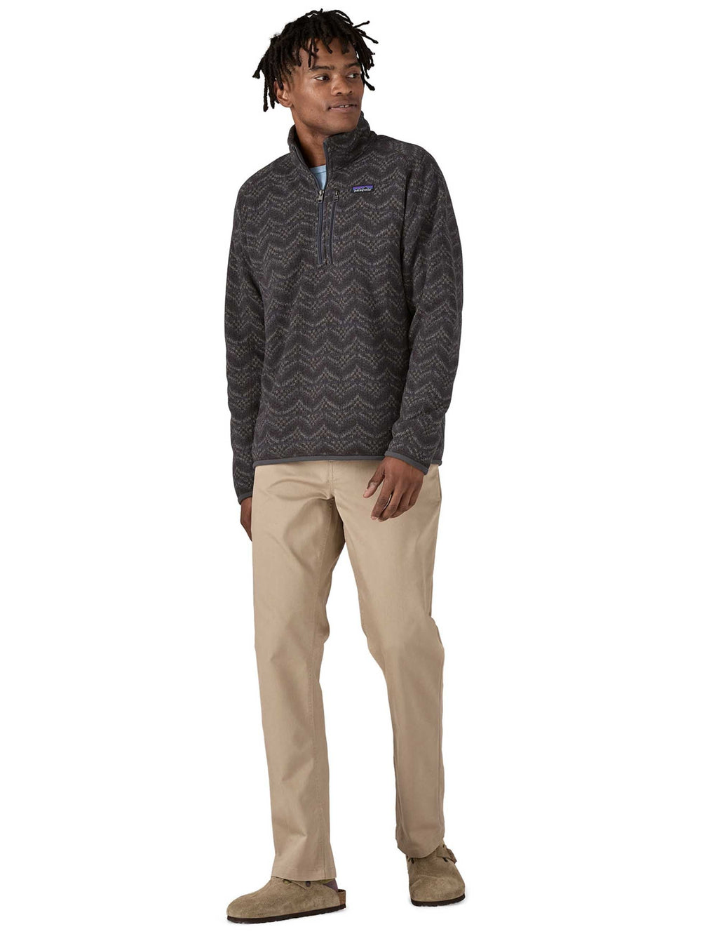 Dark grey chevron fleece pullover with quarter-zip, stand collar, chest logo