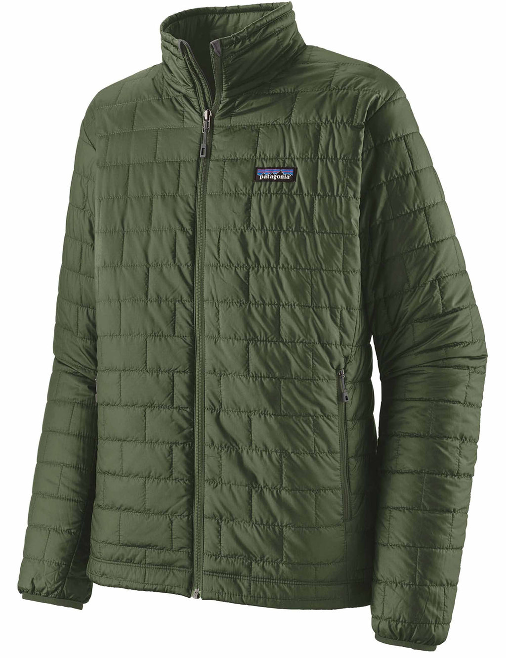 Men's green insulated puffer jacket with full-zip and stand collar