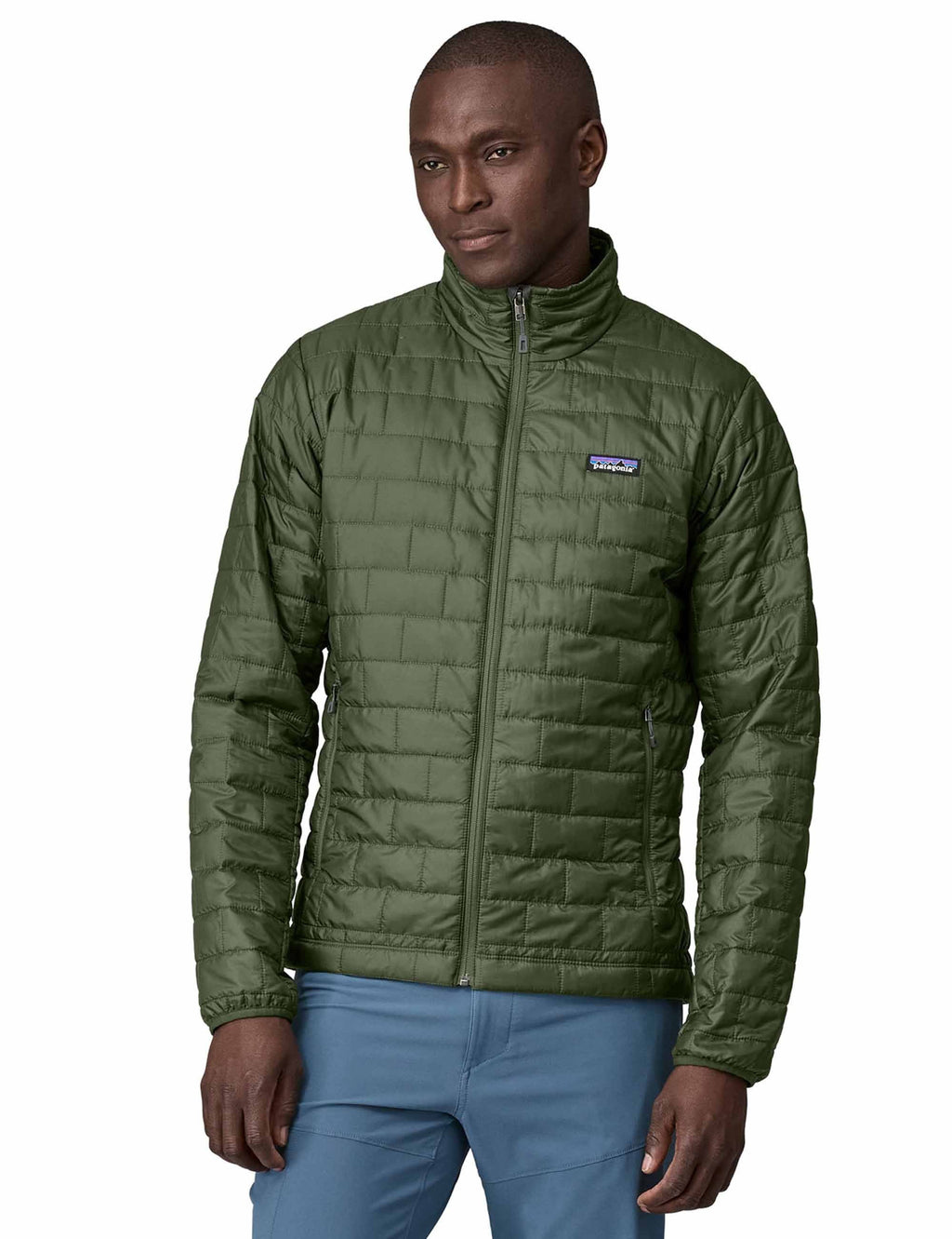 Men's green insulated puffer jacket with full-zip, stand collar, logo patch