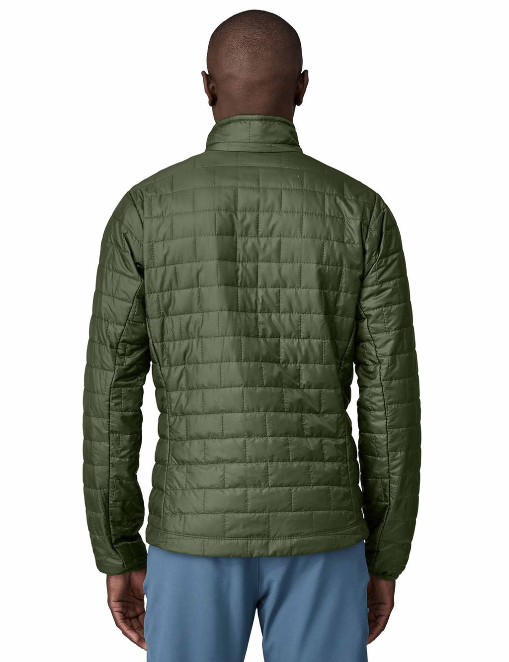 Men's green insulated puffer jacket, full-zip, stand collar, back view