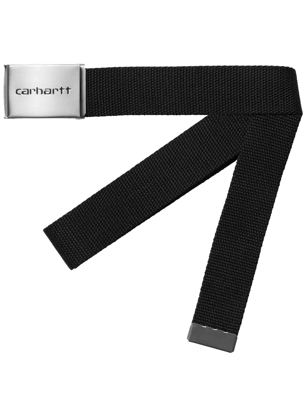 Black clip belt with chrome buckle, woven strap, carhartt logo.