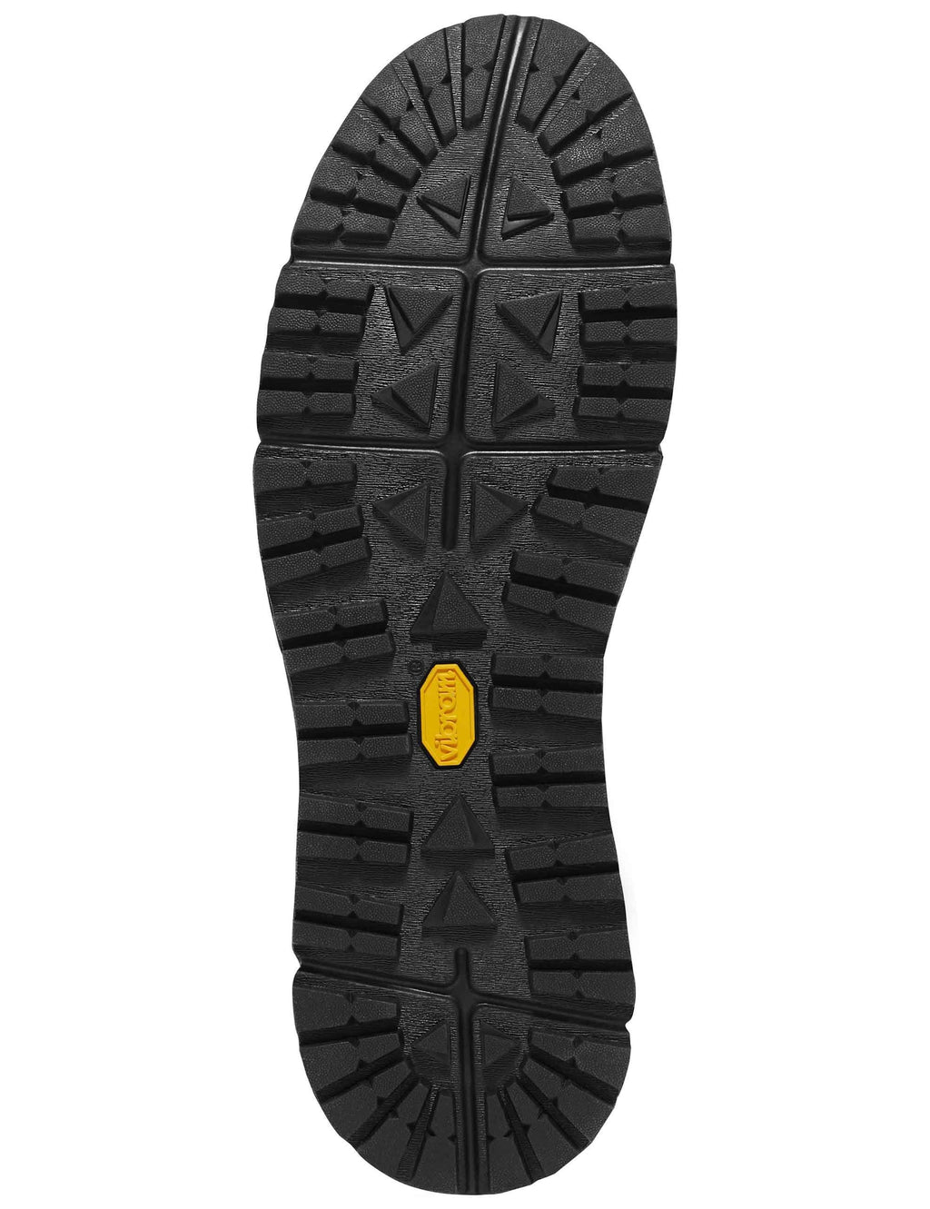 Boot outsole view with deep tread pattern and yellow brand detail