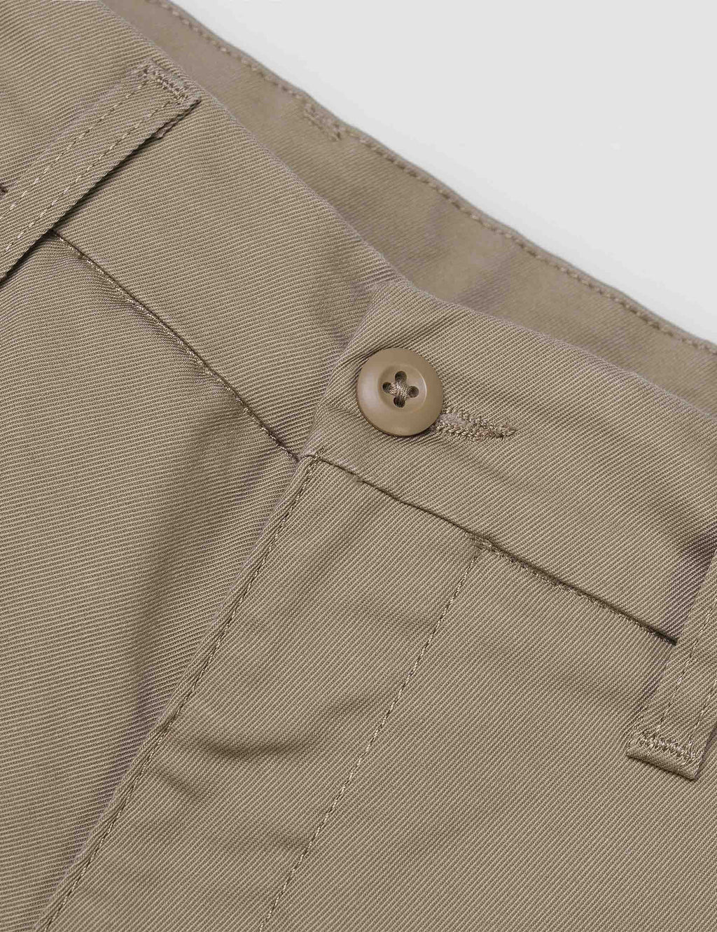 Beige leather Sid pant waist button and belt loops, stitched front fly detail