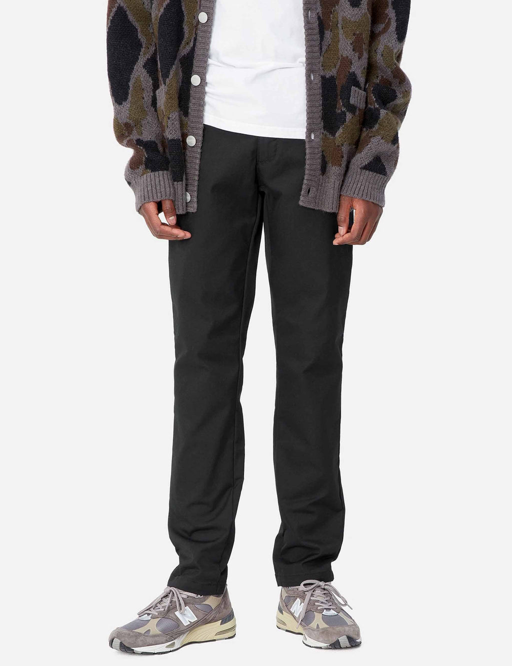 Black trousers with straight legs, side pockets, and belt loops
