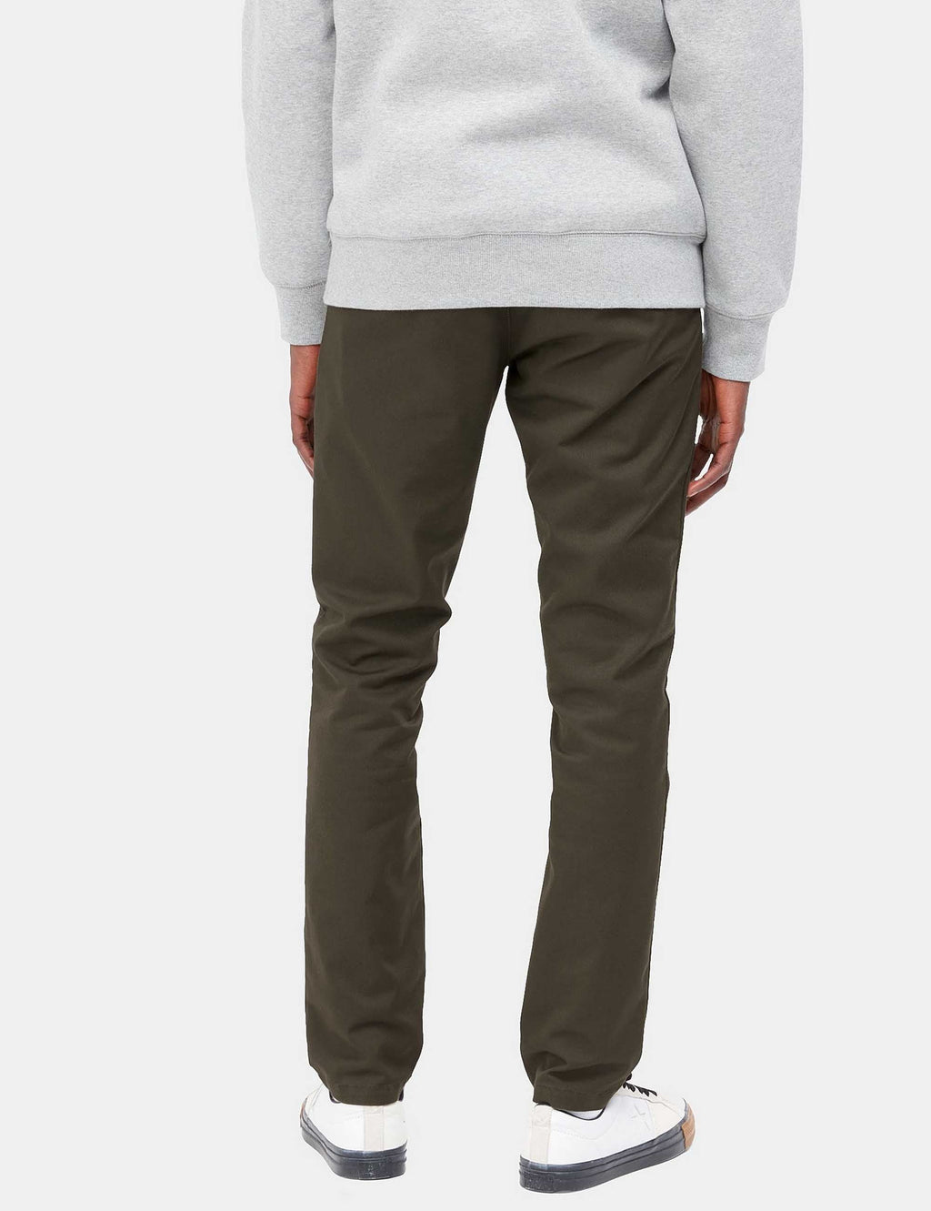 Olive-green straight pants with back view and cuffed hem.