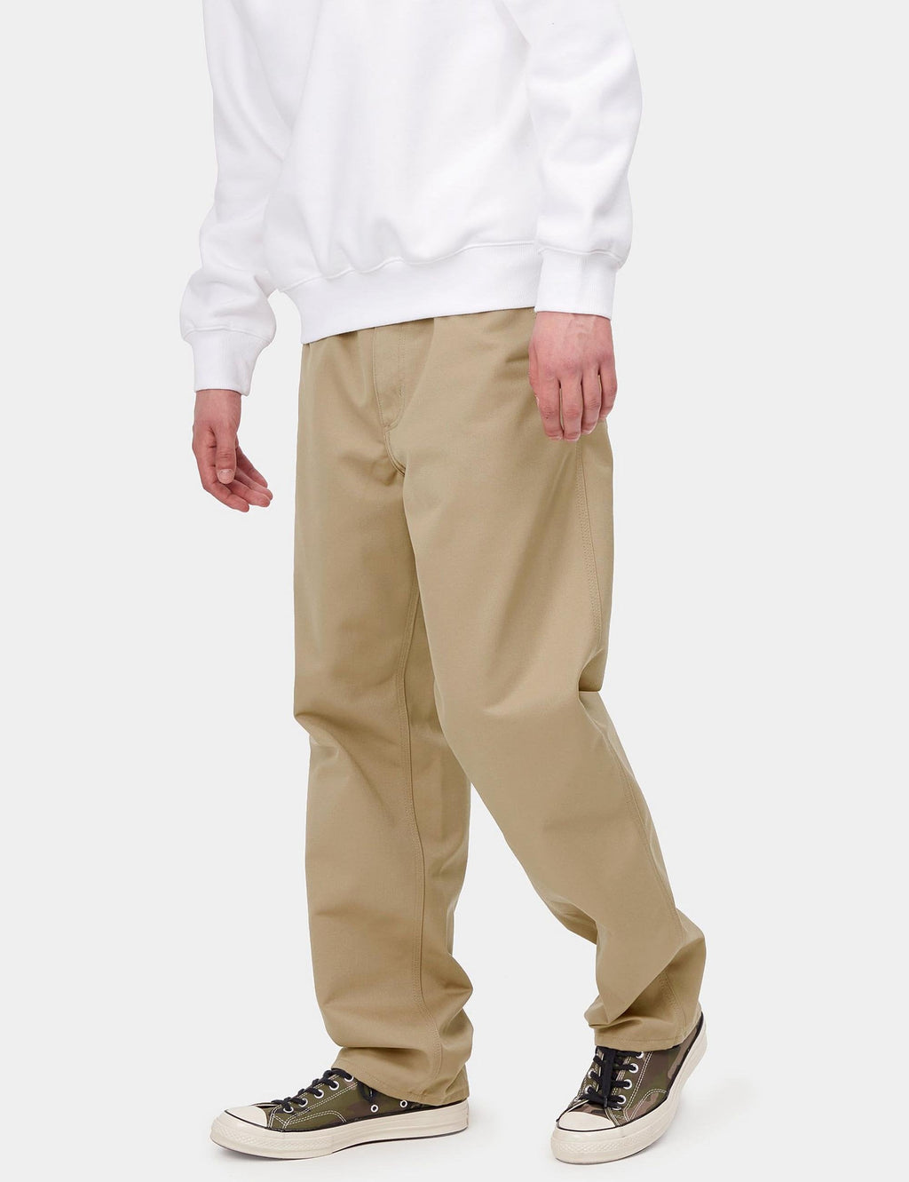Tan trousers with belt loops, side pockets and relaxed fit