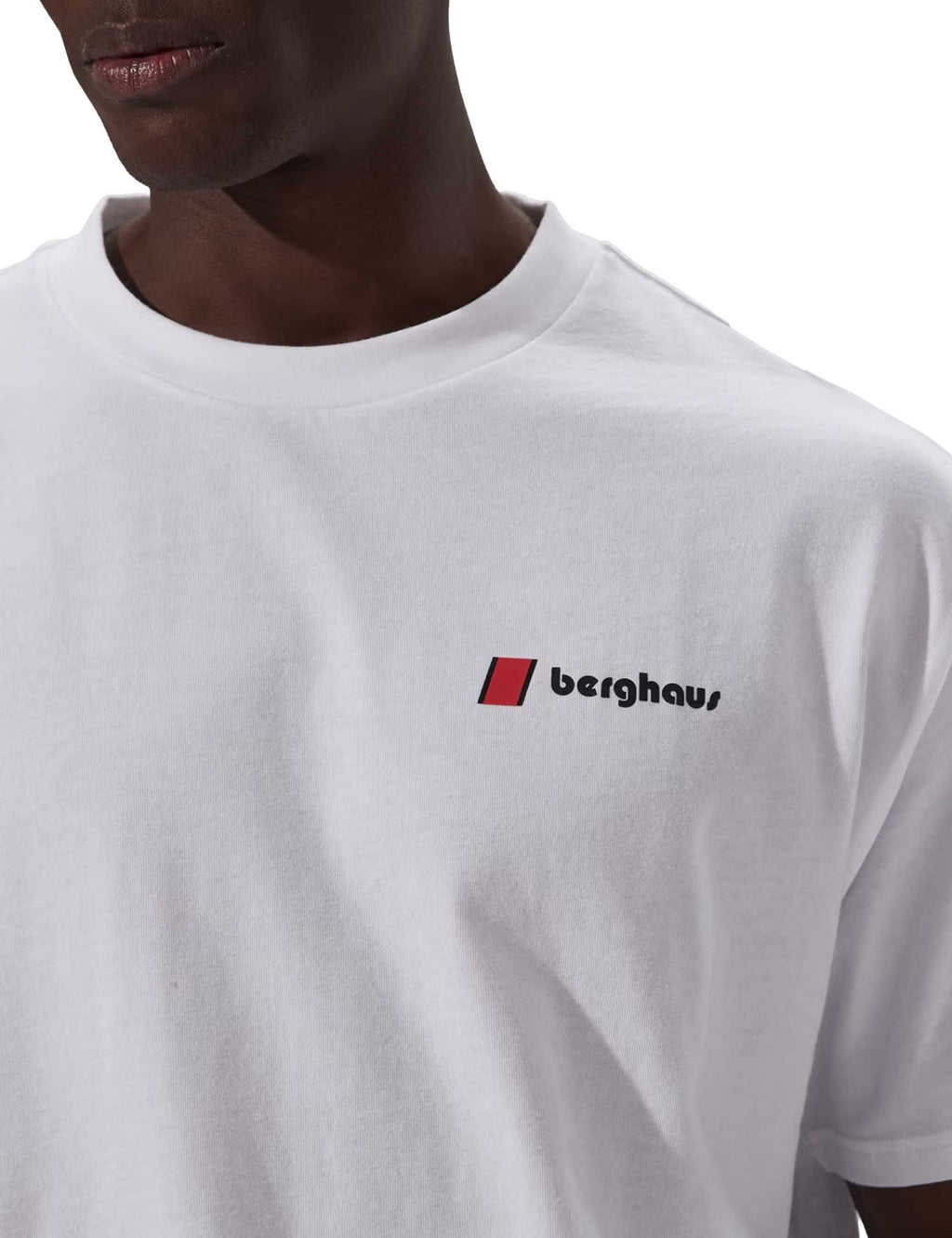 Pure white T-shirt close-up of chest berghaus logo