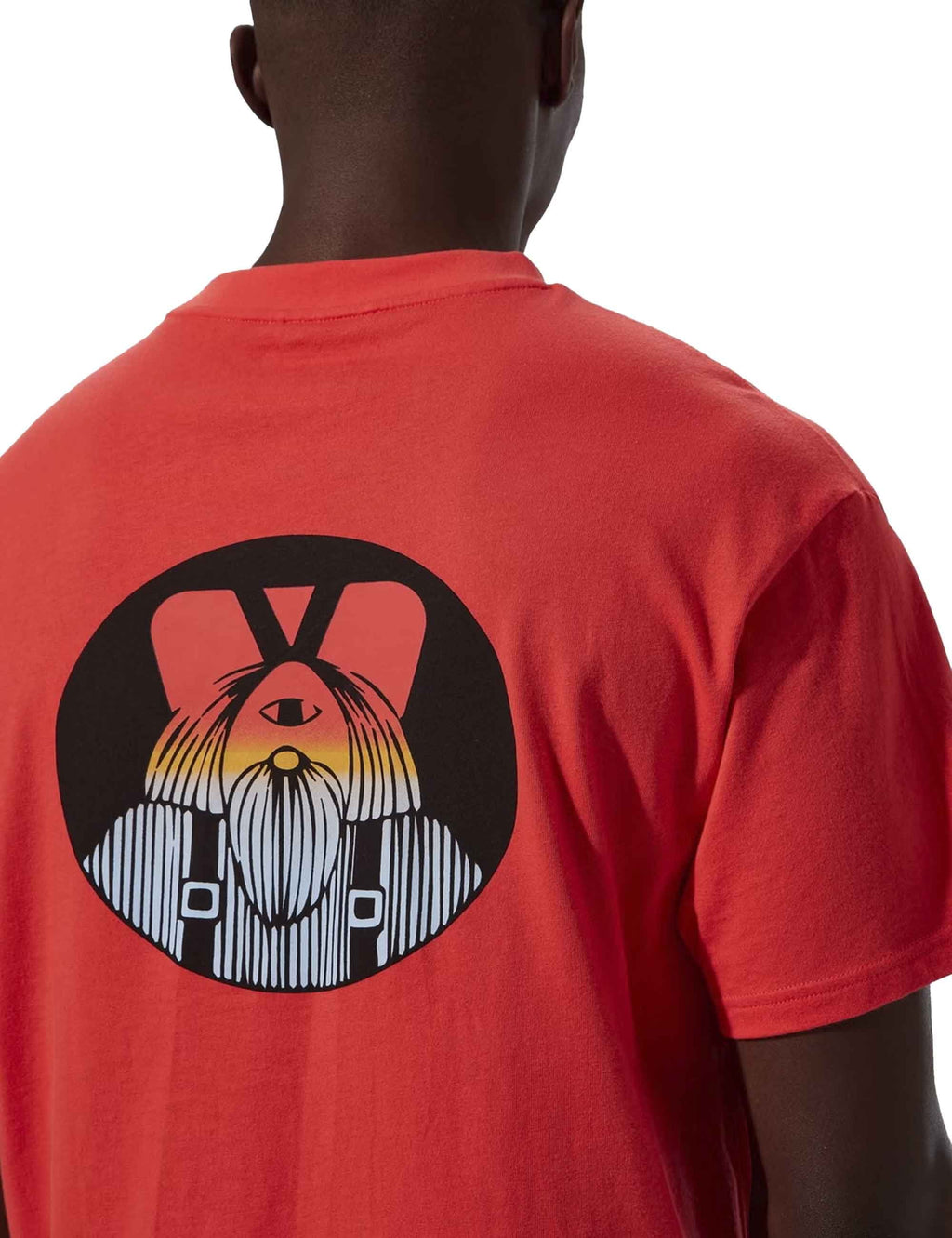 Red crewneck T-shirt with large cyclops graphic print (back close-up)