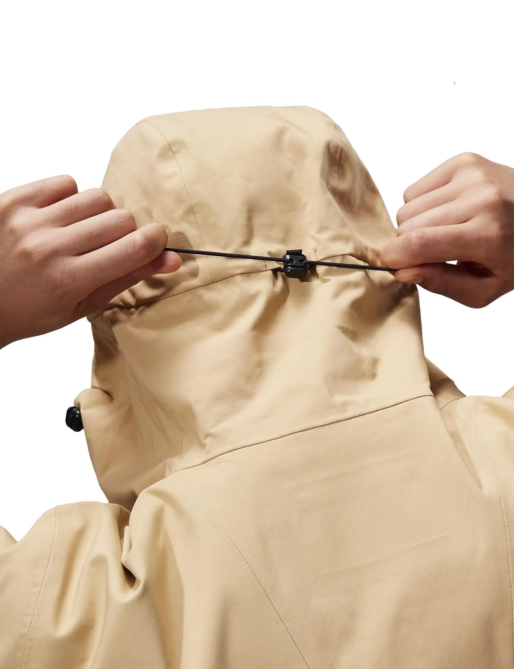 Gosforth jacket hood with adjustable drawcord and black zipper front in sand beige