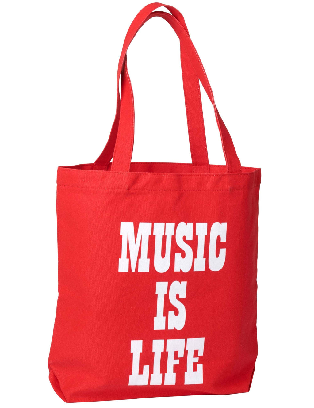 Red tote bag with “MUSIC IS LIFE” lettering and microphone graphic