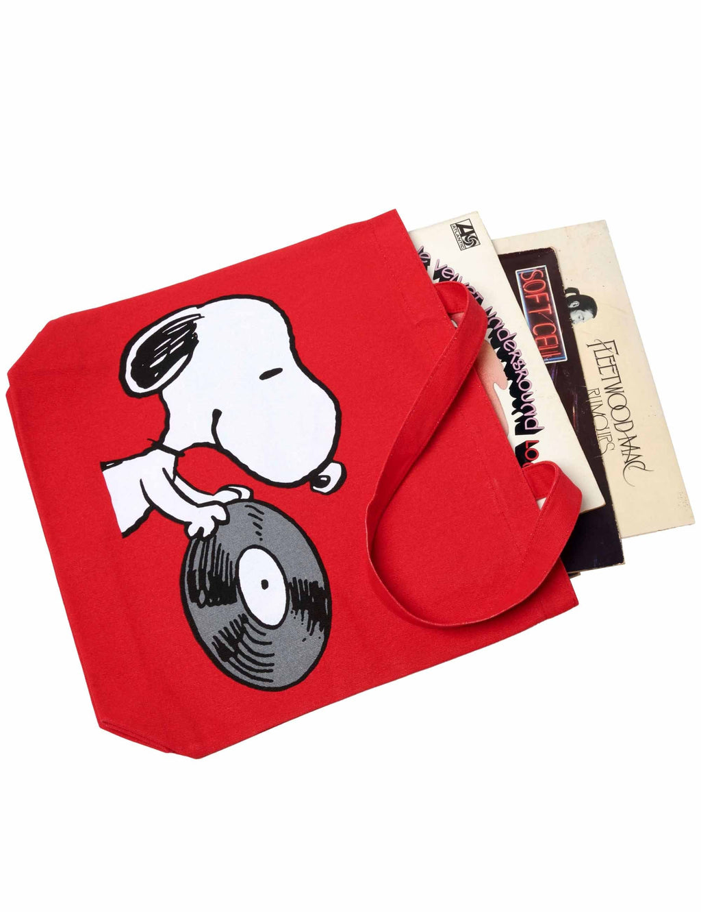 Red tote bag with Snoopy holding a vinyl record, shown folded with cards inside