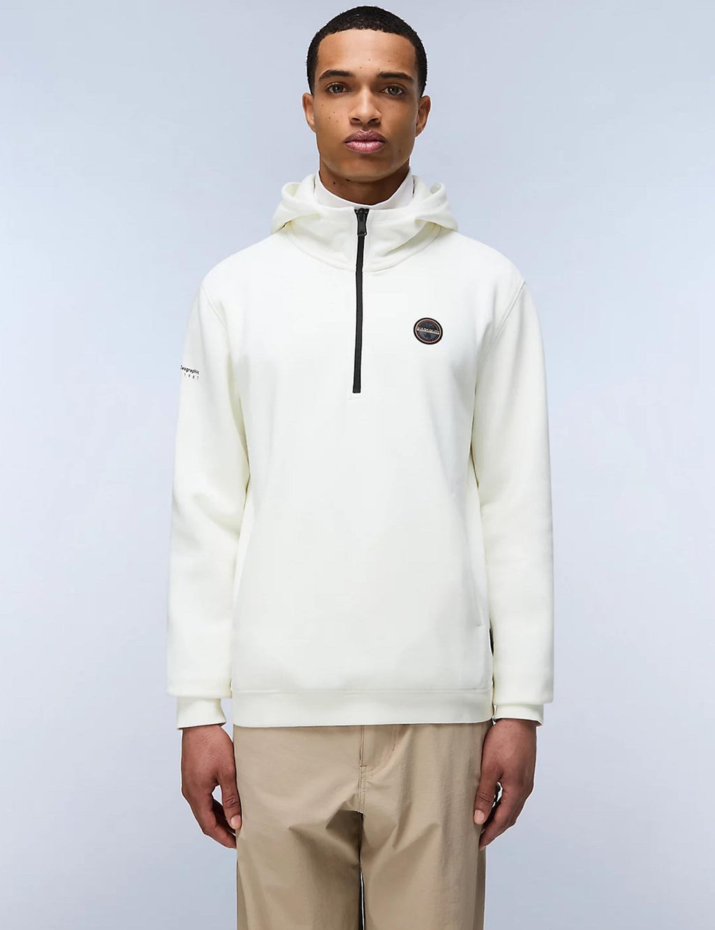 Badge Half Zip Hooded Sweat - White Heron