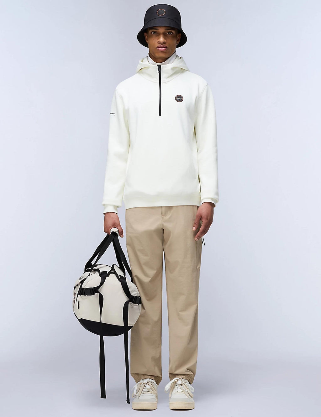 Badge Half Zip Hooded Sweat - White Heron